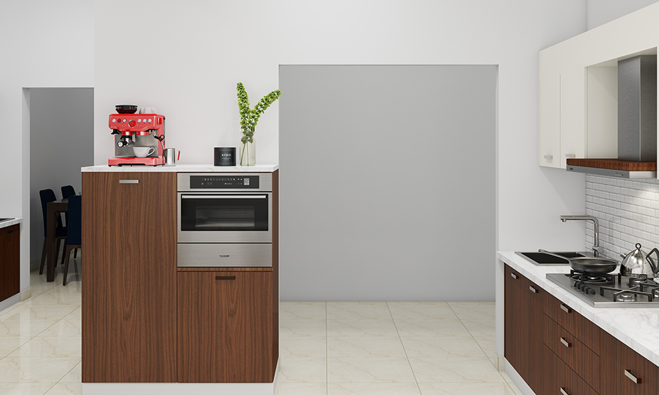 Open smart kitchen design layout with horizontal shelves