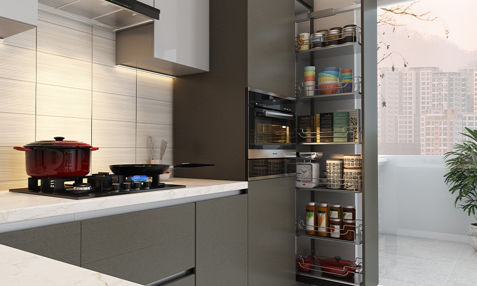 Organizing your small kitchen with a pantry pullout unit helps to keep your kitchen supplies in one place.