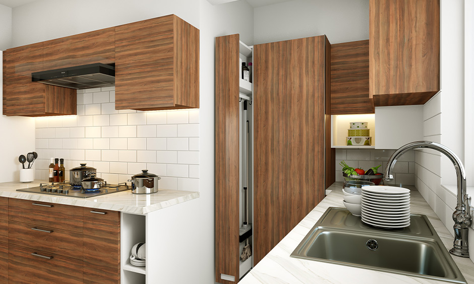 Small kitchen with a janitor storage unit conveniently stores all your cleaning materials out of sight