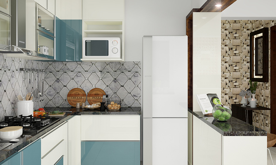 White and light blue smart Kitchen with floating cabinets elevates the space look