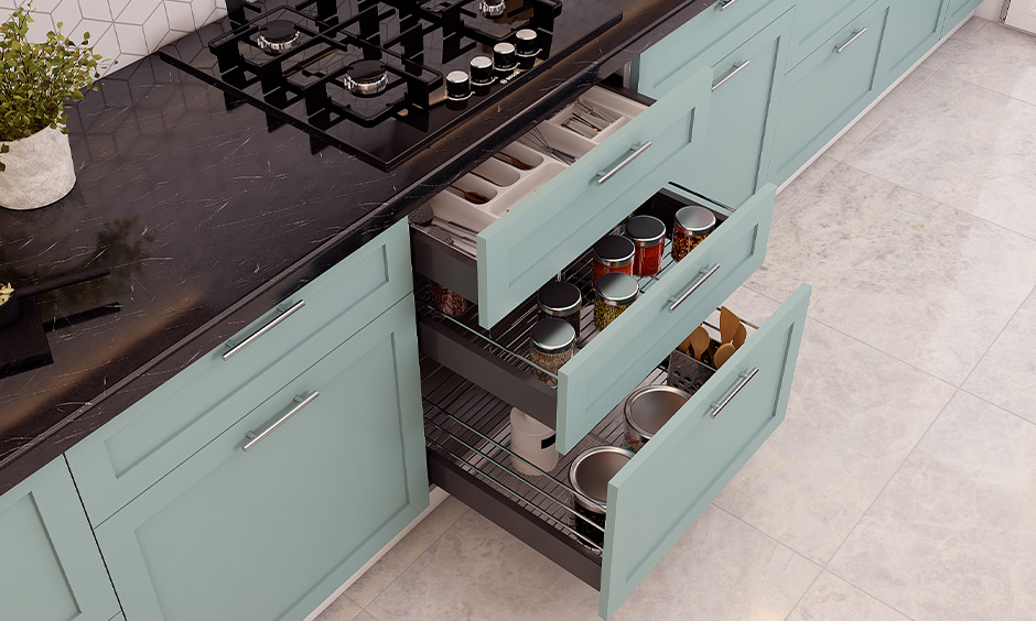 Space-saving kitchen storage drawers come with pre organisers for easy access
