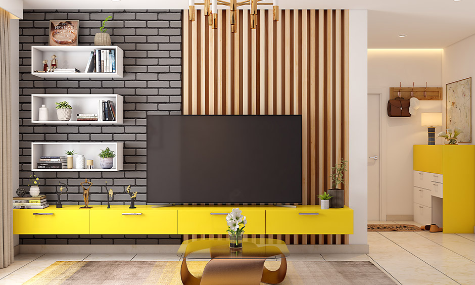 TV Panel Design For Living Room that uses playful colours