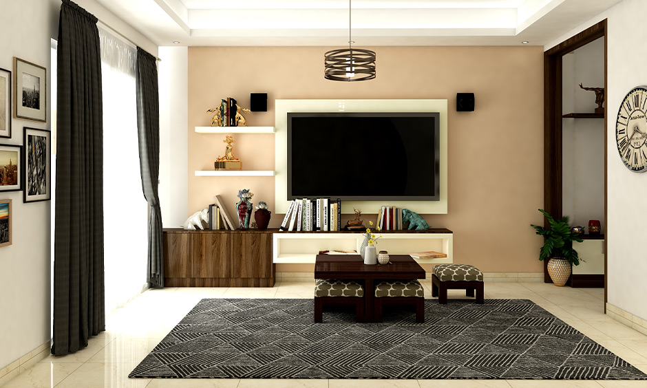 Unique wooden center table design with multifunctional and includes cushioned stools for additional seating