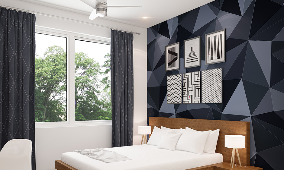 Wallpaper & wood bed back design to add pop of colour and pattern