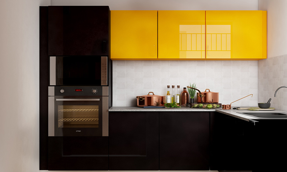 White kitchen with black accent adds a dramatic touch