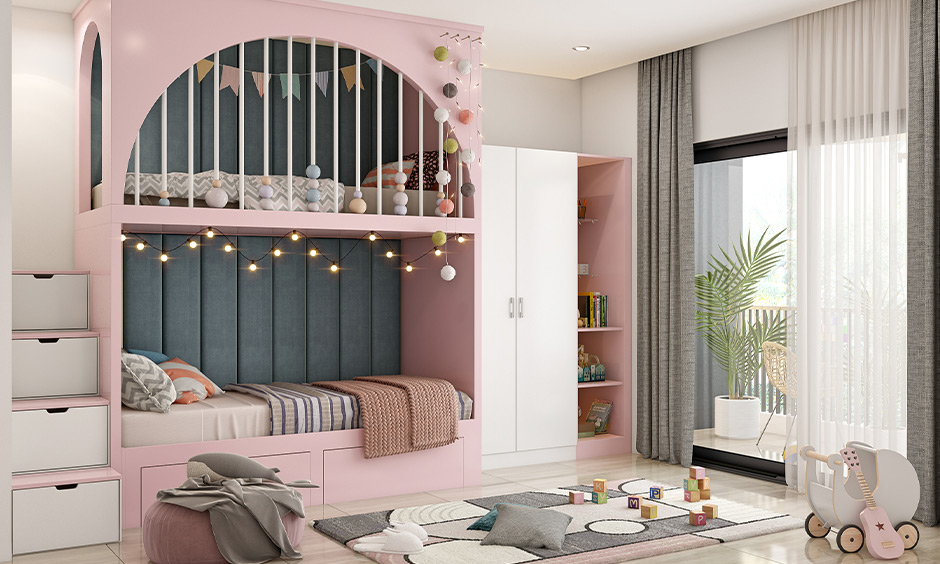 Wooden arch bunk bed design for kids includes stairs with storage drawers underneath