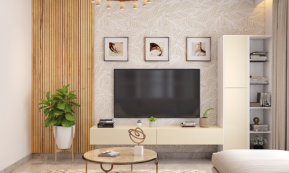Wooden fluted moulding against tv wall complements interior style