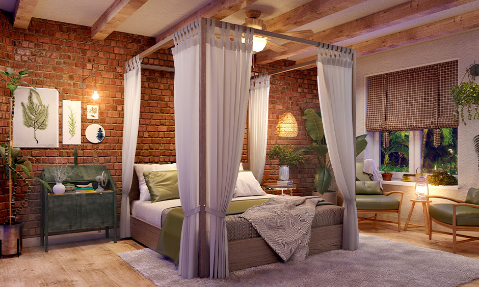 Designer bedroom incorporates a 90s style with a brick wall and canopy bed, adding a touch of elegance