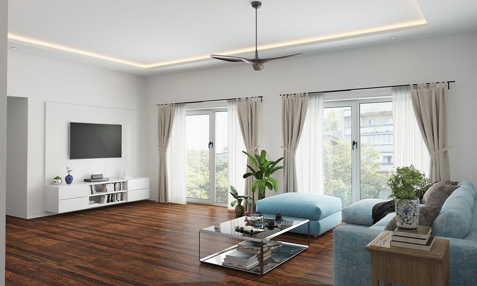 Living room comes with two sturdy aluminium window frames that provide a minimalist and chic look