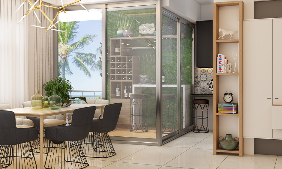 Bar room design having sliding glass doors and tropical colours