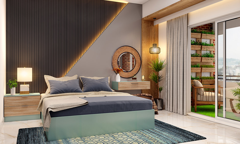 Bedroom design with a balcony with rattan chairs and turf grass flooring for a stunning outdoor view