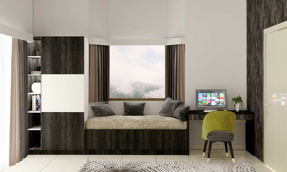 Bay window seat with curved design provides both storage and comfortable space for relaxation or work