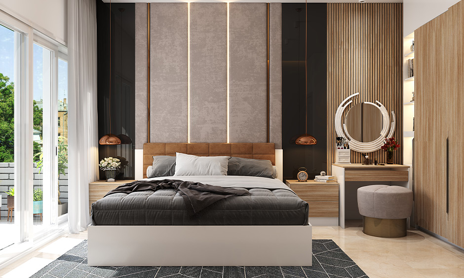 Designer bedroom design is well-ventilated and features a floor-to-ceiling accent wall