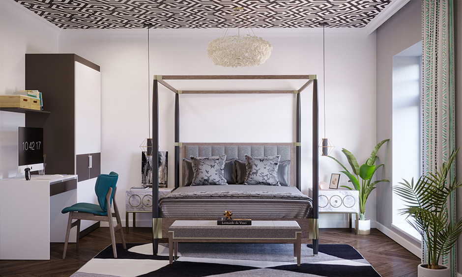 Designer bedroom ceiling wallpaper in black and white with a four-poster bed is simple yet elegant