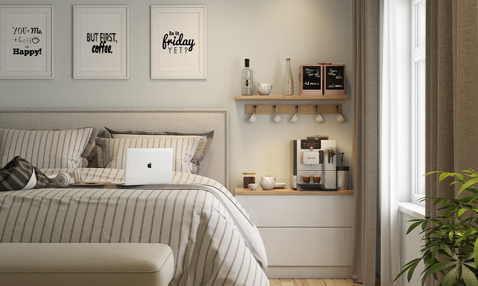 Bedroom with a multifunctional designer bedside table doubles as a coffee bar