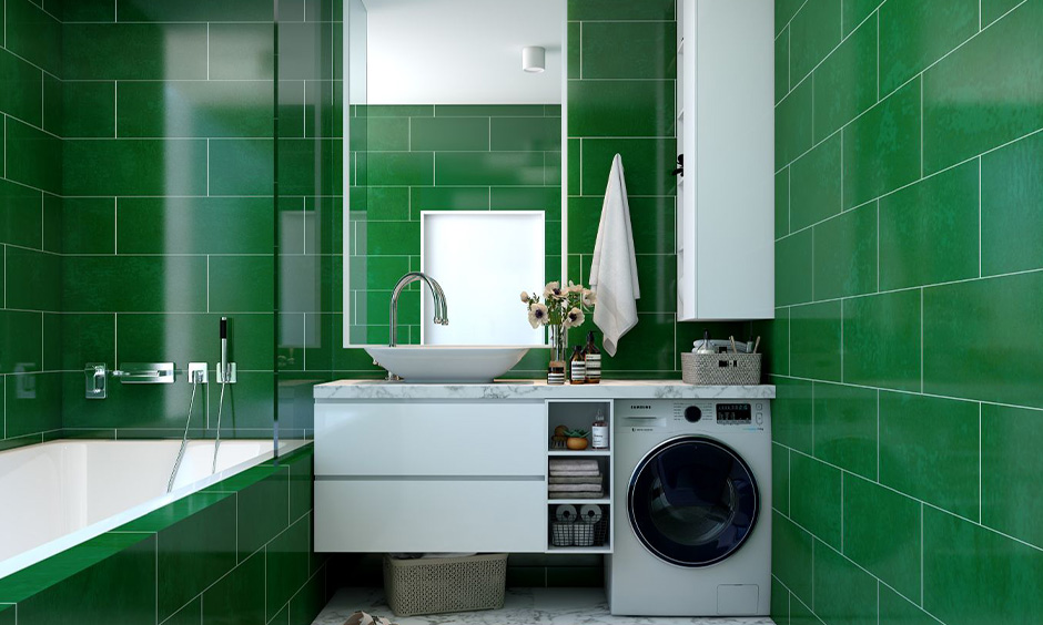 Emerald green and white marble bathroom design which is multifunctional