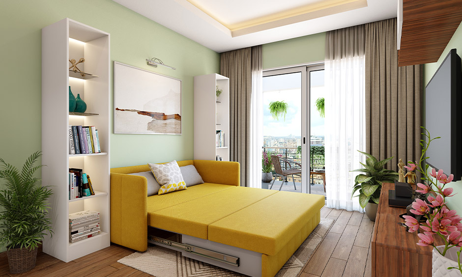 Yellow folding divan sofa bed with storage for living room