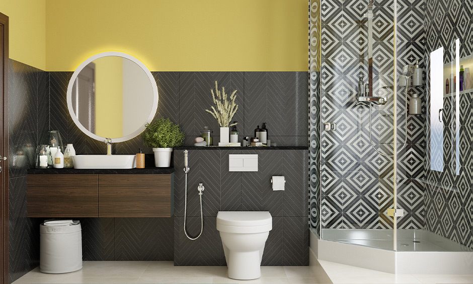 Hexagonal shower stall design with geometric tiles for a bold look