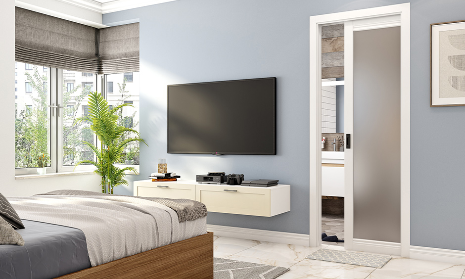 Hidden pocket-style sliding bathroom door for enhancing attractiveness