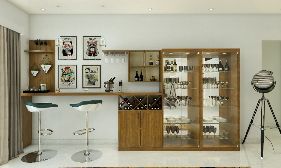 Full-fledged home bar cabinet design with a pair of high chairs to complement