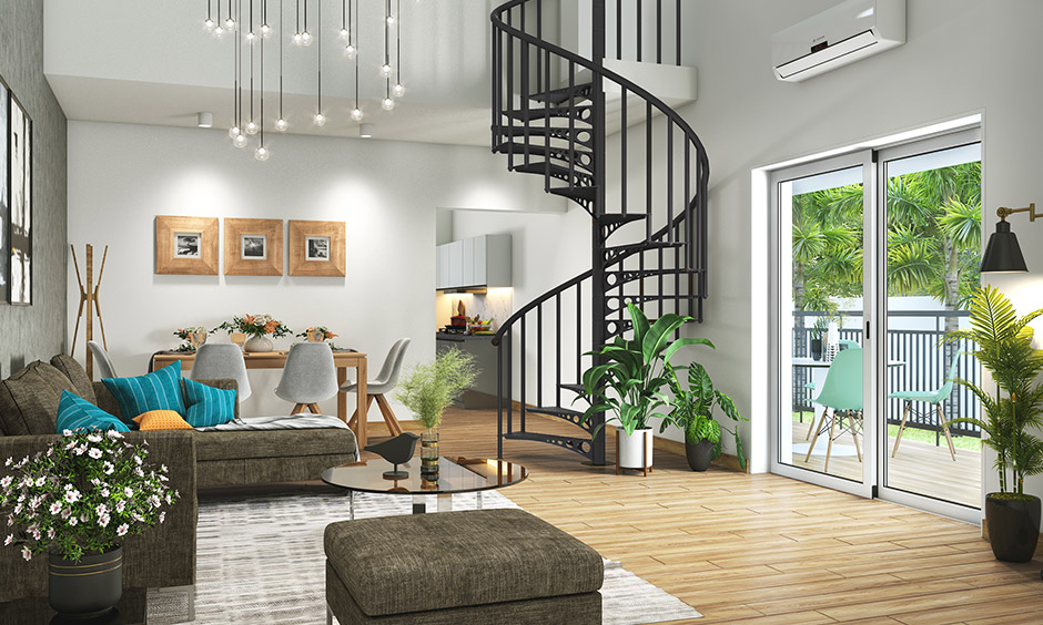 Black Iron spiral staircase for duplex house creates a bold statement