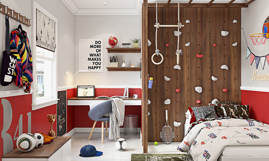Kids bedroom design with climbing wall and pull-up hoops for active play and a fun environment for children