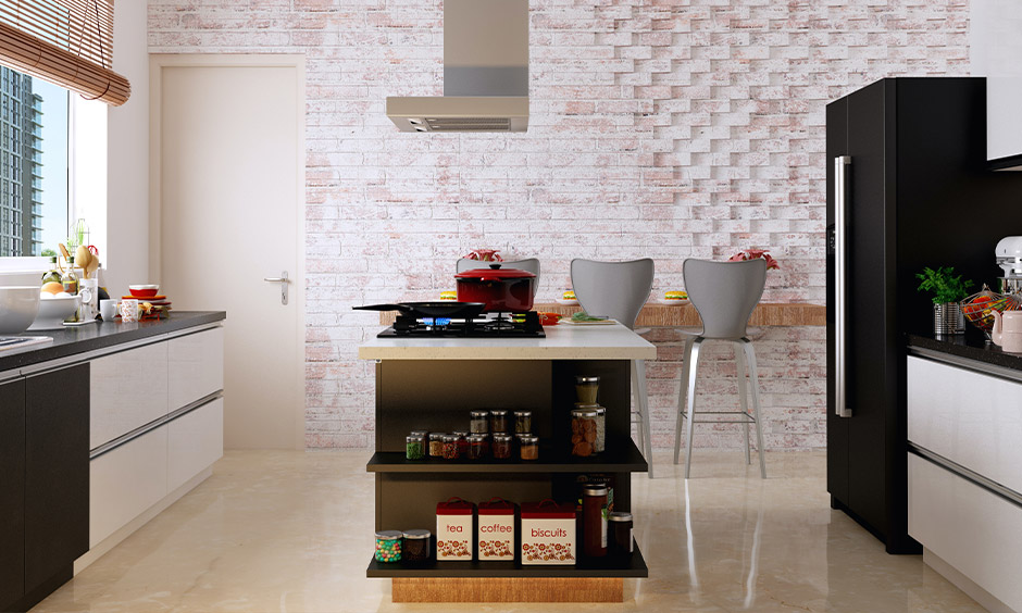 Kitchen table for cooking paired with two tall grey stools
