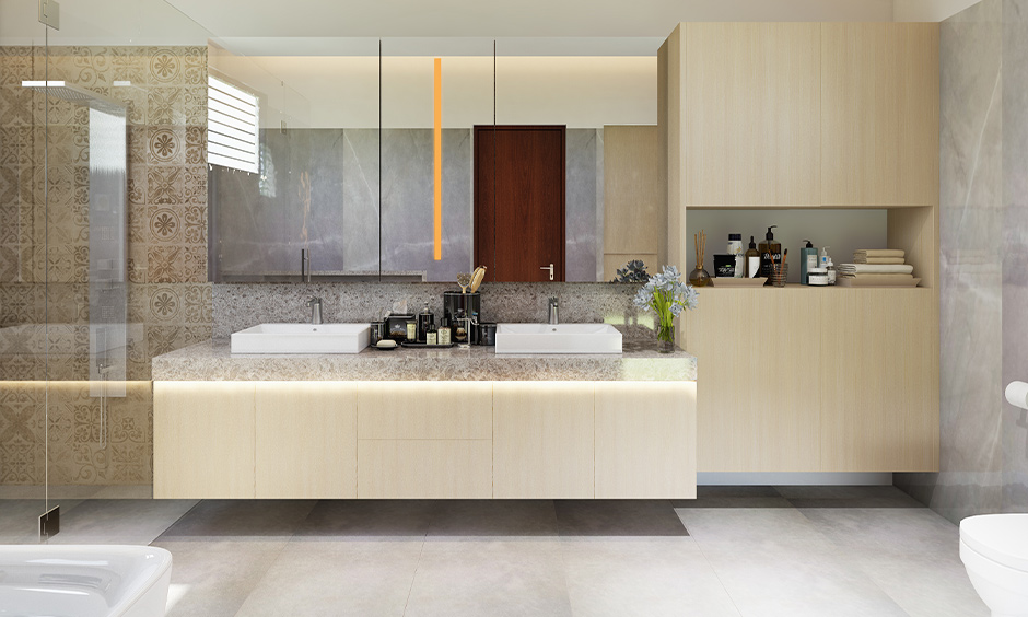 Light grey marble bathroom design that gives an opulent touch to the bathroom