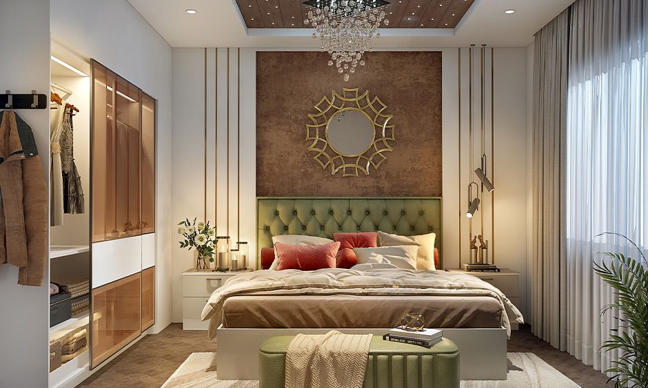 Luxury designer bedroom in gold and brown accent with a bed features a tufted moss-green headboard