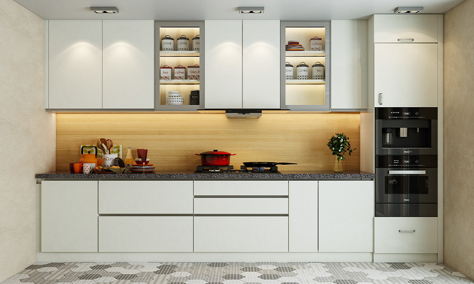 Add see-through cabinet shutters with lights to make a small kitchen look bigger