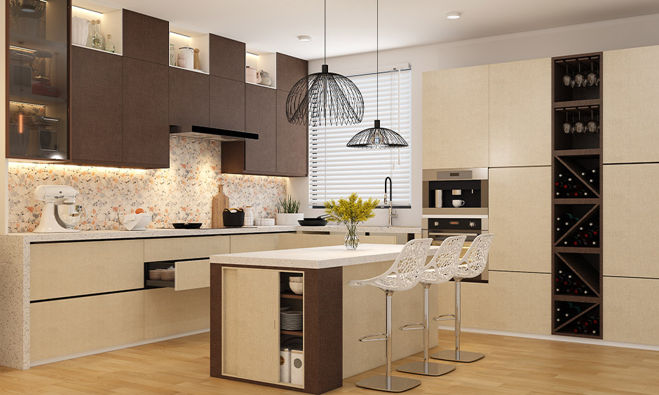Marble and wood kitchen counter table with storage and three tall seaters