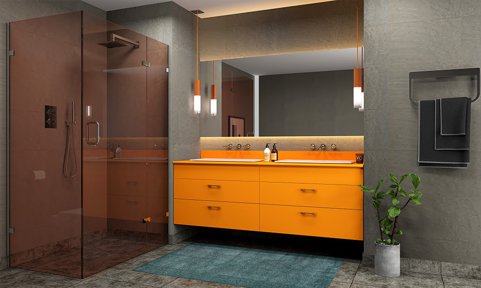 Maroon glass shower stall design to create an intimate ambience