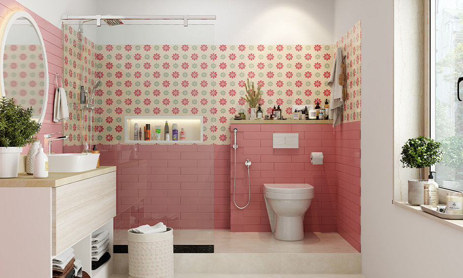 Modern girl's bathroom with floral tiles in shower cubicle
