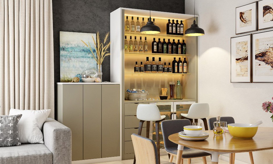 Modern mini bar design against the dark grey accent walls