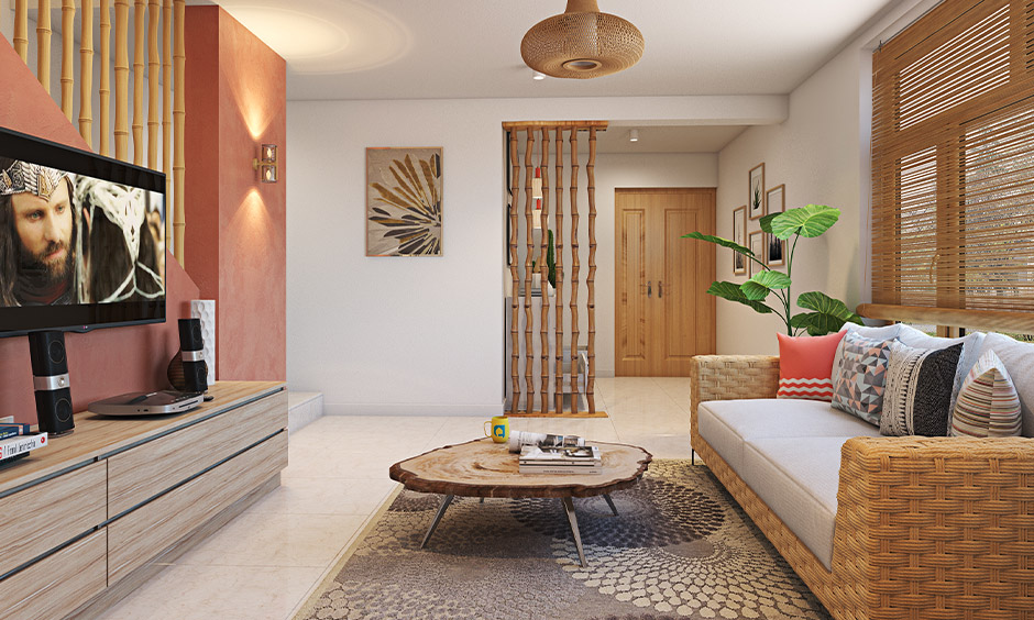 Modern wooden log center table made of nature's canvas in the cosy living room