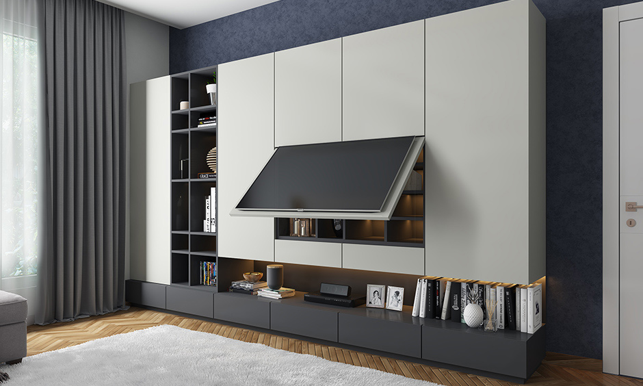 Multipurpose living room storage unit with a TV