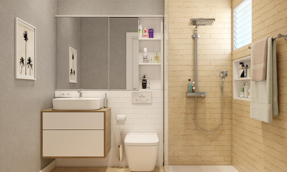Overhead shower design with a hand shower and ceramic subway tiles