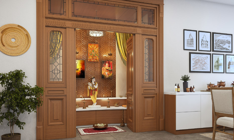 Combination of wood and glass pooja room door in simple design