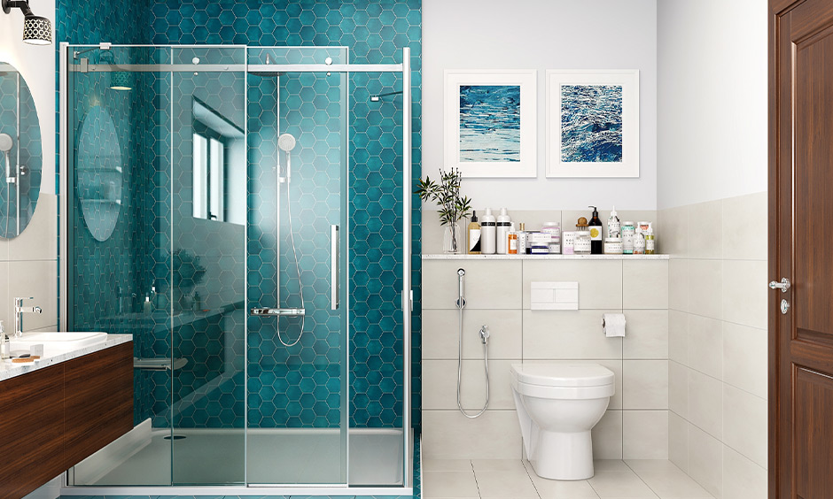 Rectangle bathroom sliding glass door design for a trendy look