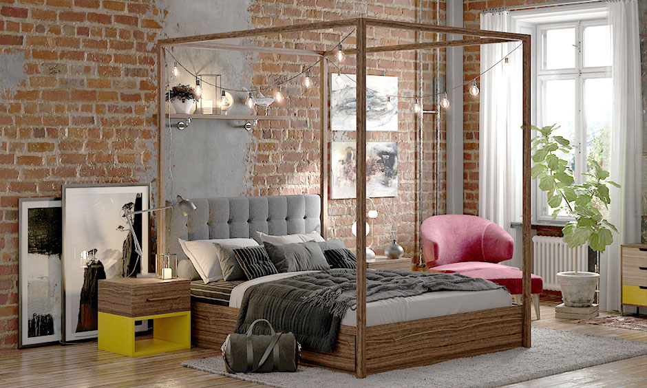 Rustic bedroom design with brick cladding walls and a poster bed adds a vintage touch to the space