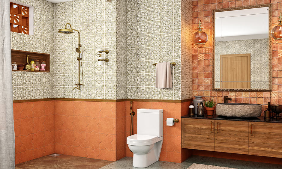 Vintage shower designs with brass fittings and terracotta tiles