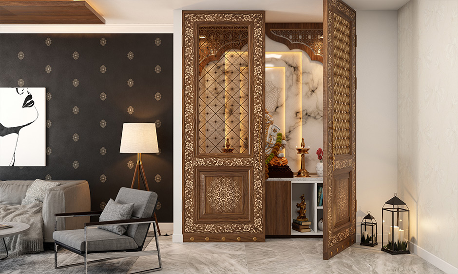 Simple pooja door design with metal jali lends a sacred ambience