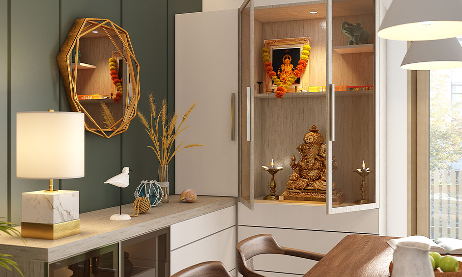 Simple pooja room door design in wood with tinted glass for a peaceful prayer corner