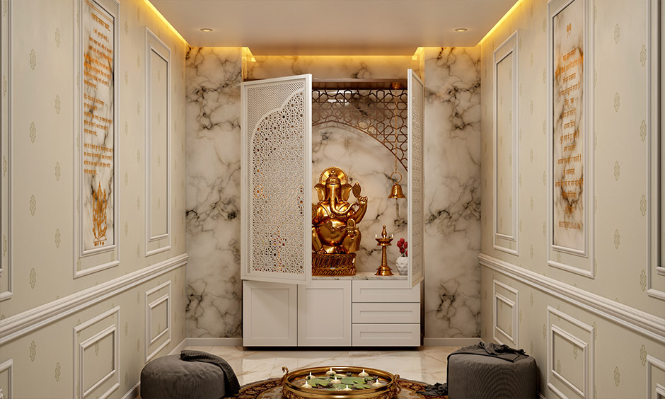 Simple pooja room door is adorned with two distinct jali designs