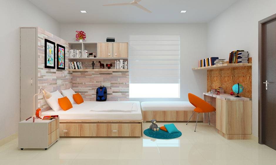 Small bay window seat for bedroom that extends to the queen-size bed