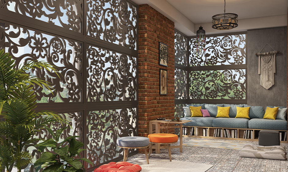 South Indian interior style balcony with CNC-cutting window panelling