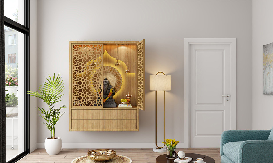 South indian style mandir design which is functional and space-saving
