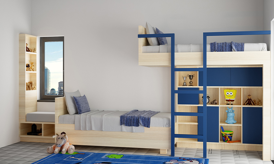 Child-friendly square bay window seat infused with a comfortable nook and storage cabinets
