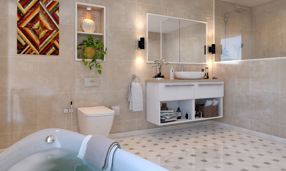 White and beige chequered marble bathroom design for a lavish look