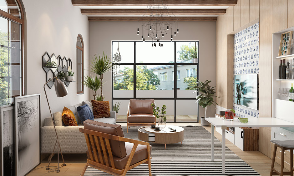 Modern mid-century living room features a uPVC window frame design that adds visual interest to the space